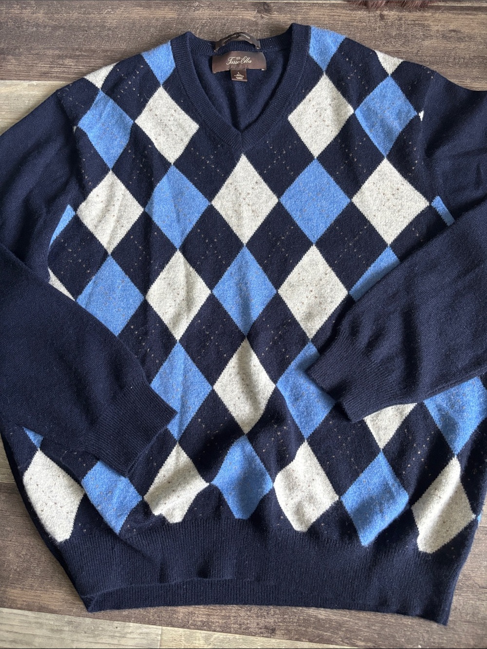 Tasso Elba Men’s V-Neck Argyle Knit Pullover Sweater Size L Cashmere